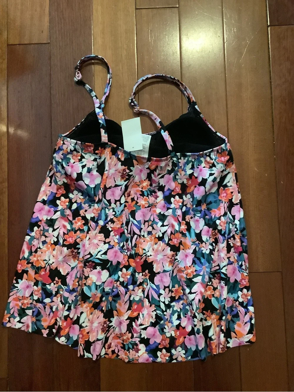 Swim Solutions Black Multi-colored Tankini top with Pink & Coral Blooms size 10 - Picture 2 of 2